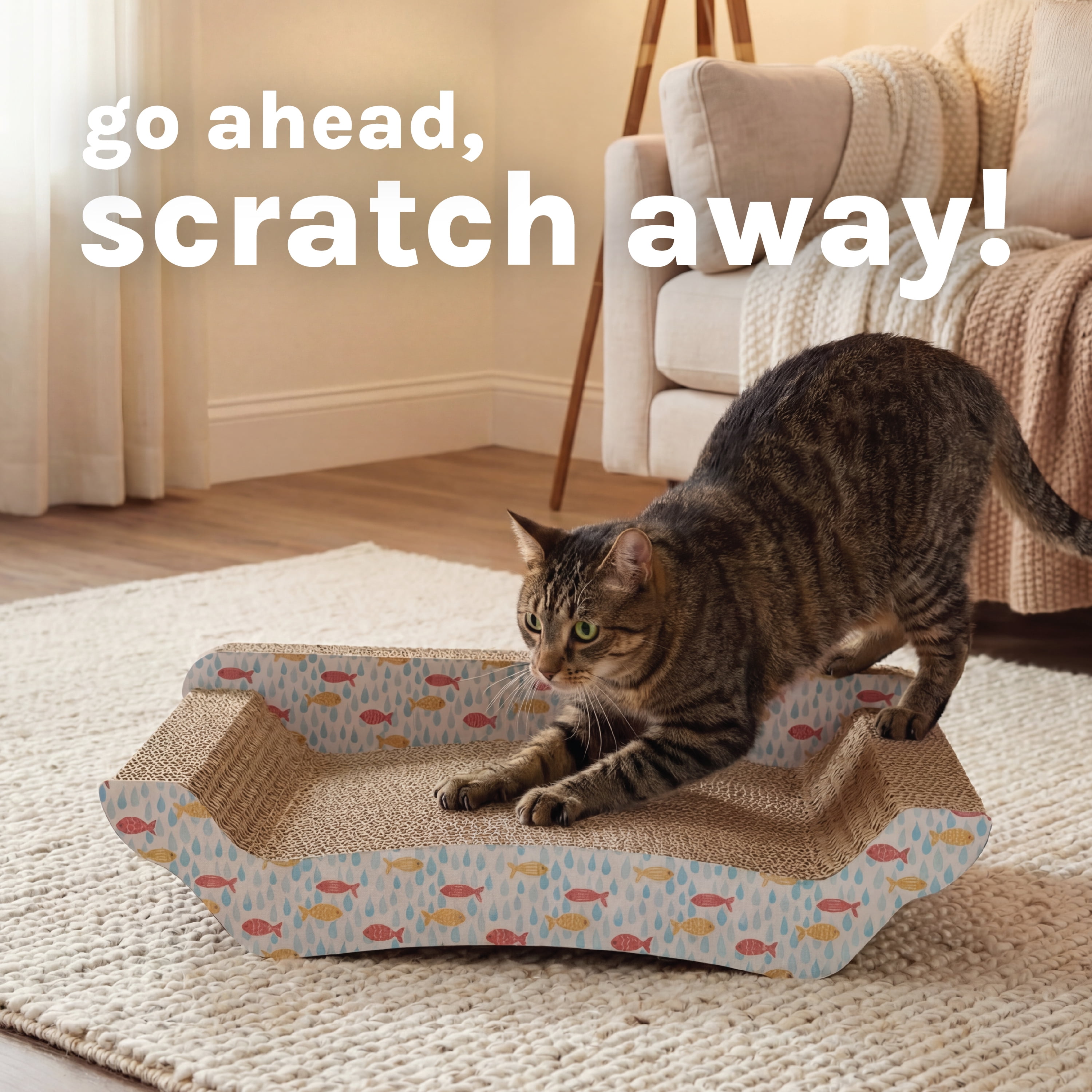 Kitty City Corrugated Cardboard Fish Print Sofa Lounger Cat Scratching Pad, Multicolored, One Size