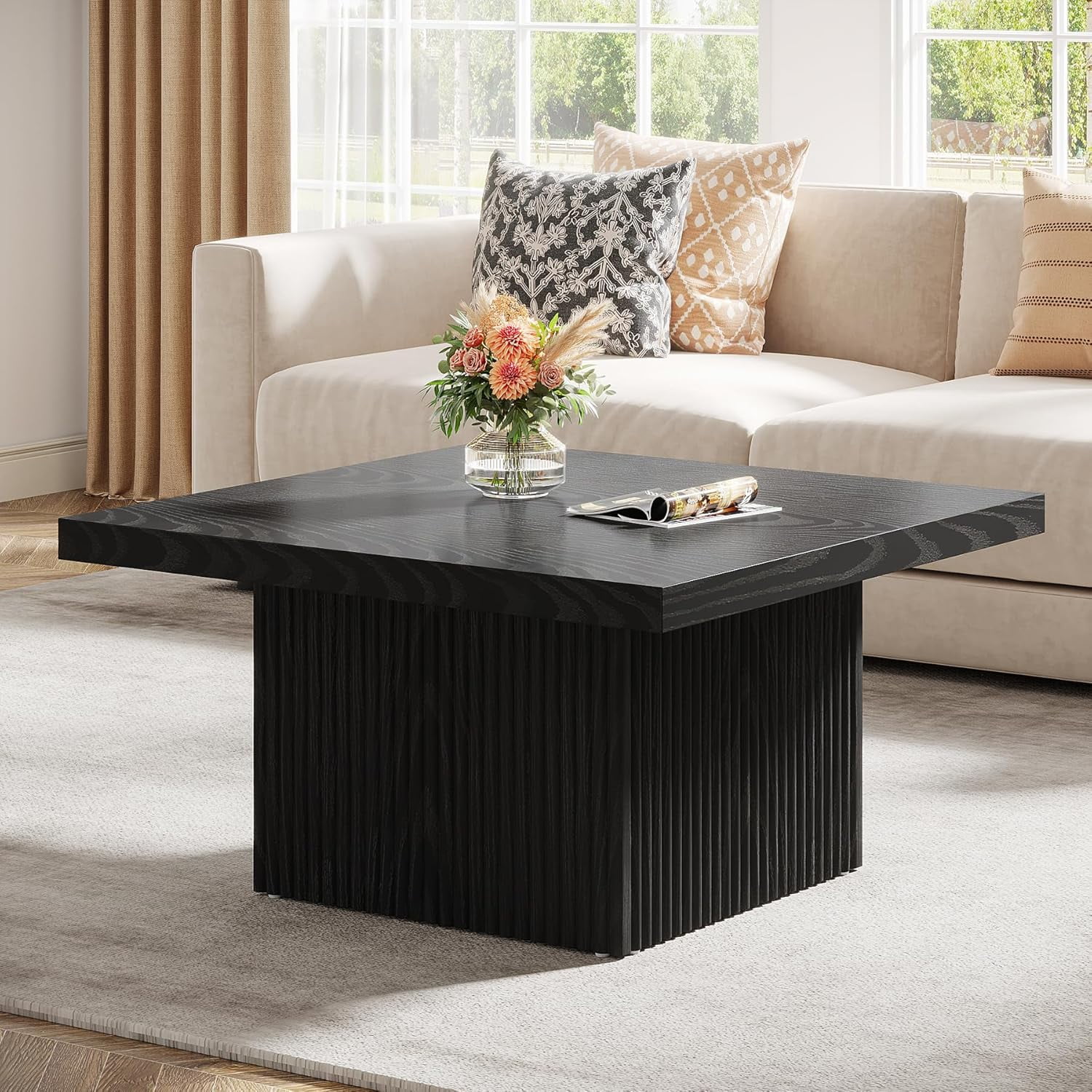 Finmind Square Coffee Table, 31.5-Inch Mid-Century Fluted Table, Large Cocktail Table for Living Room, Easy Assembly - Black