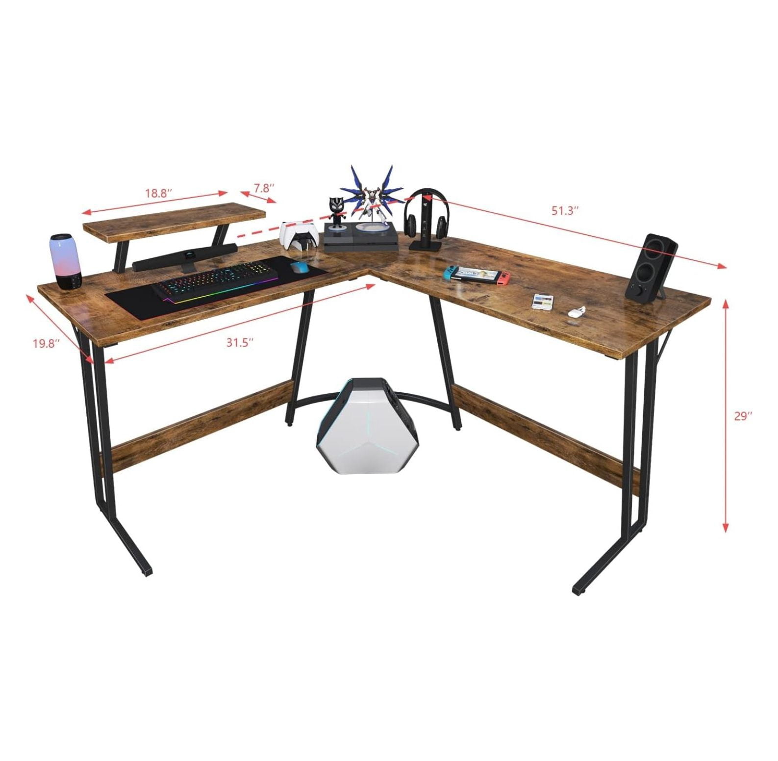 SONGMY L Shaped Gaming Desk Computer Corner Desk PC Gaming Desk Table with Large Monitor Riser Stand for Home Office Sturdy Writing Workstation (Classical Brown, 51 Inch)