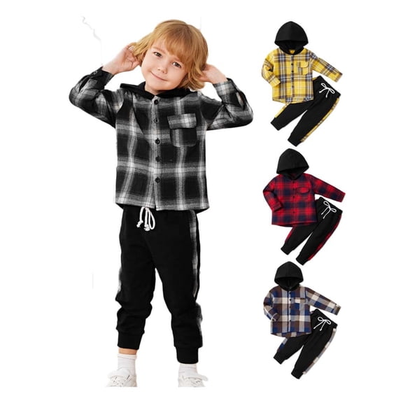 1-5T Toddler Boys Autumn Outfits Set Kids Long Sleeve Plaid Hooded Top Drawstring Jogger Sweatpant 2Pcs Plaid Clothes