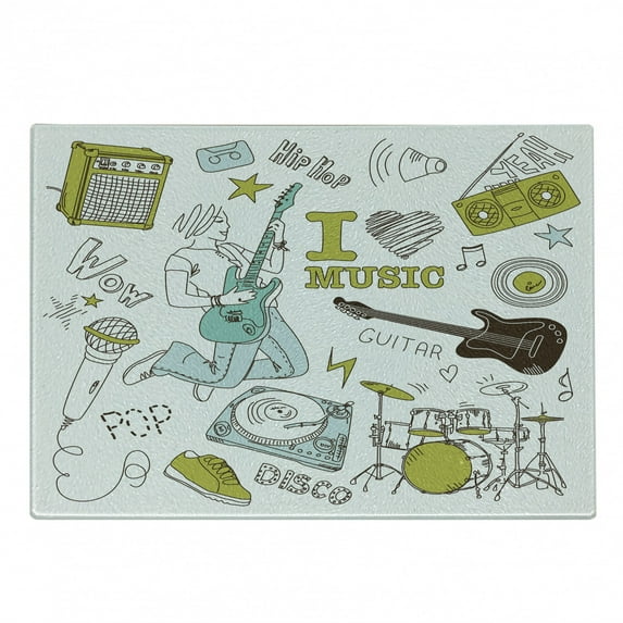 Popstar Party Cutting Board, I Love Music Themed Sketch Composition Instruments Musician Girl, Decorative Tempered Glass Cutting and Serving Board, Small Size, Khaki Pale Blue Brown, by Ambesonne