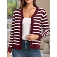 thumbnail image 4 of Women Cardigan Sweaters Long Sleeve Casual Light-Weight Button Down V-Neck Fall Sweater Dark Red Stripe M, 4 of 9