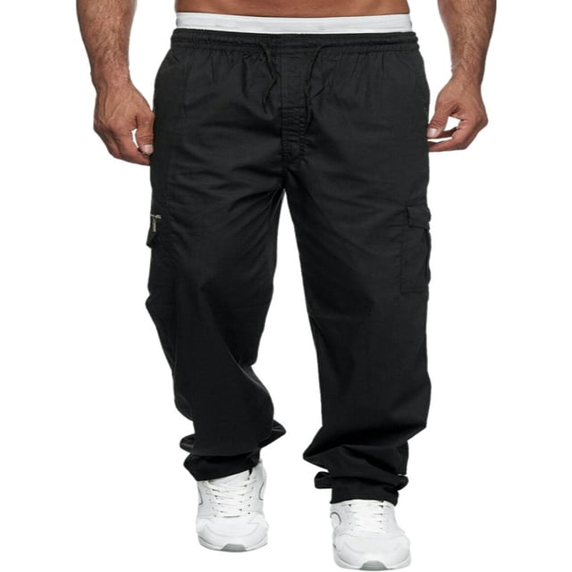 Men‘s Drawstring Sweatpants Baggy Joggers Straight Leg Running Athletic Cargo Pants with Pockets Black 2XL