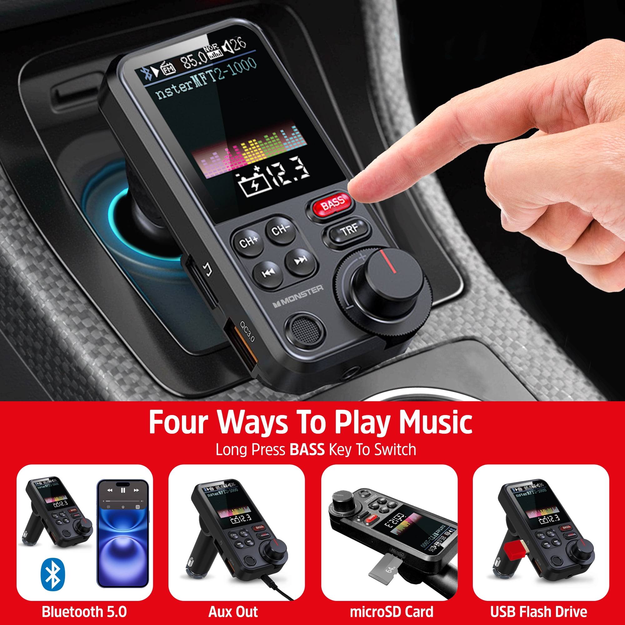Monster 18W Bluetooth FM Transmitter with QC 3.0 Fast Charging, Hands-Free Calls, Adjustable Equalizer, Large LCD Color Screen, USB/SD/Aux Audio Playback