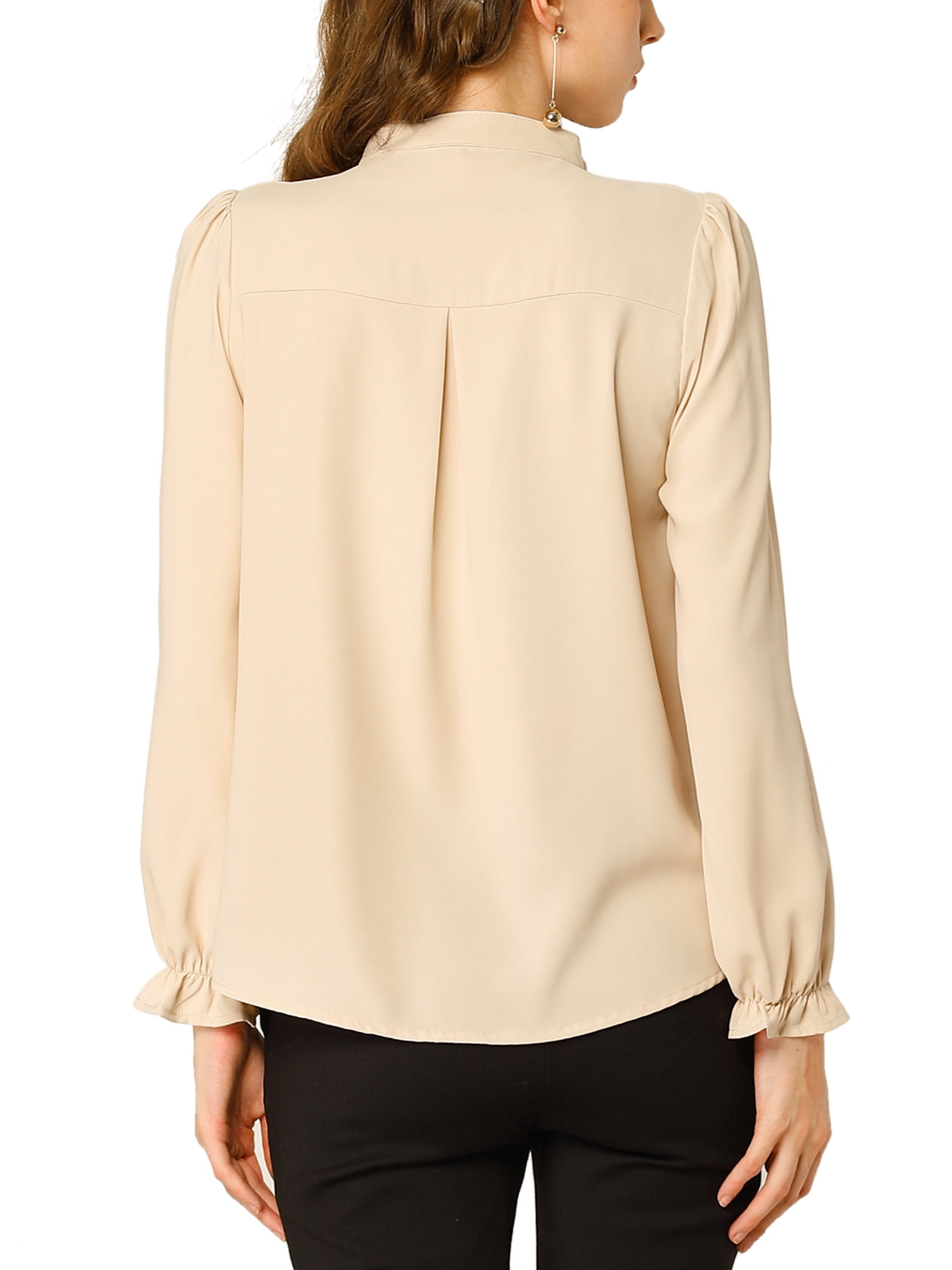 DARING DIVA Women's Chiffon Stand Collar Ruffled Trim Work Blouse M Apricot