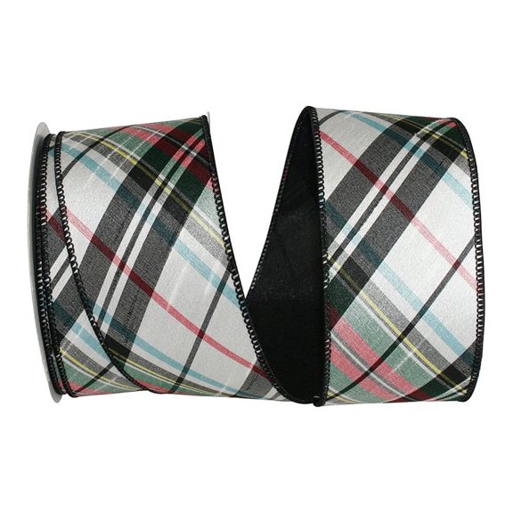 Reliant Ribbon - 93352W-030-40F, Plaid Arctic Diagonal Dupioni Wire Edge Ribbon, White, 2-1/2 Inch, 10 Yards