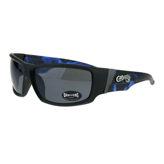 Choppers Rectangular Biker Warp Around Flaming Arm Riding Sunglasses Black Blue Black