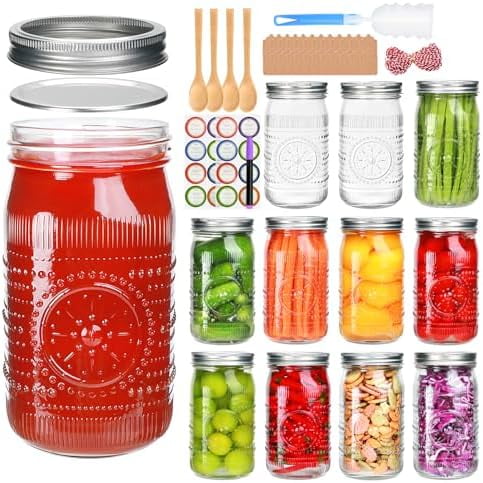 12-Pack 32oz Wide Mouth Mason Jars with Lids & Bands | Clear Glass, Quart Size |  for Fermenting, Preserving, Jam, Pickling, Meal Prep & DIY Crafts