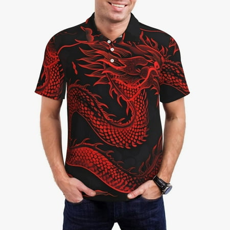 Hirioo Red Dragon On Black for Men&rsquo;s Polo Shirts Quick Dry Short Sleeve Golf T Shirt Performance Moisture Wicking Casual Workout Sizes S-4XL-4X-Large