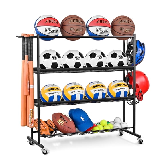 Mythinglogic Ball Storage Rack with Wheels, Garage Sports Equipment Organizer