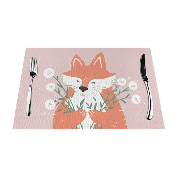 XMXY Woven Placemats Set of 4 PCS, Cartoon Design Red Fox Table Mats Washable Heat Resistant Placemats