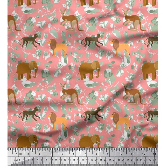 Soimoi Modal Satin Fabric Kangaroo,Elephant & Lion Animal Print Fabric by The Yard 42 Inch Wide