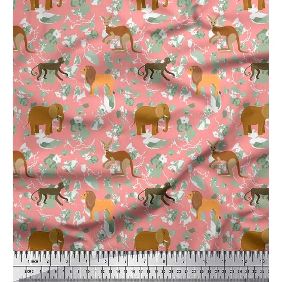 Soimoi Polyester Crepe Fabric Kangaroo,Elephant & Lion Animal Fabric Prints by Yard 52 Inch Wide