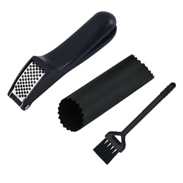 Juego de exprimidor de ajos: exprimidor de ajos de primera calidad, mango ergonómico fácil de apretar, fácil de limpiar con asas antideslizantes y pelador de tubos de silicona muy duradero y cepillo