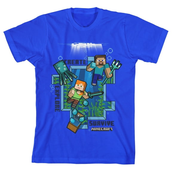 Minecraft Create Explore Survive Underwater Mining Boy's Royal Blue T-shirt-Medium