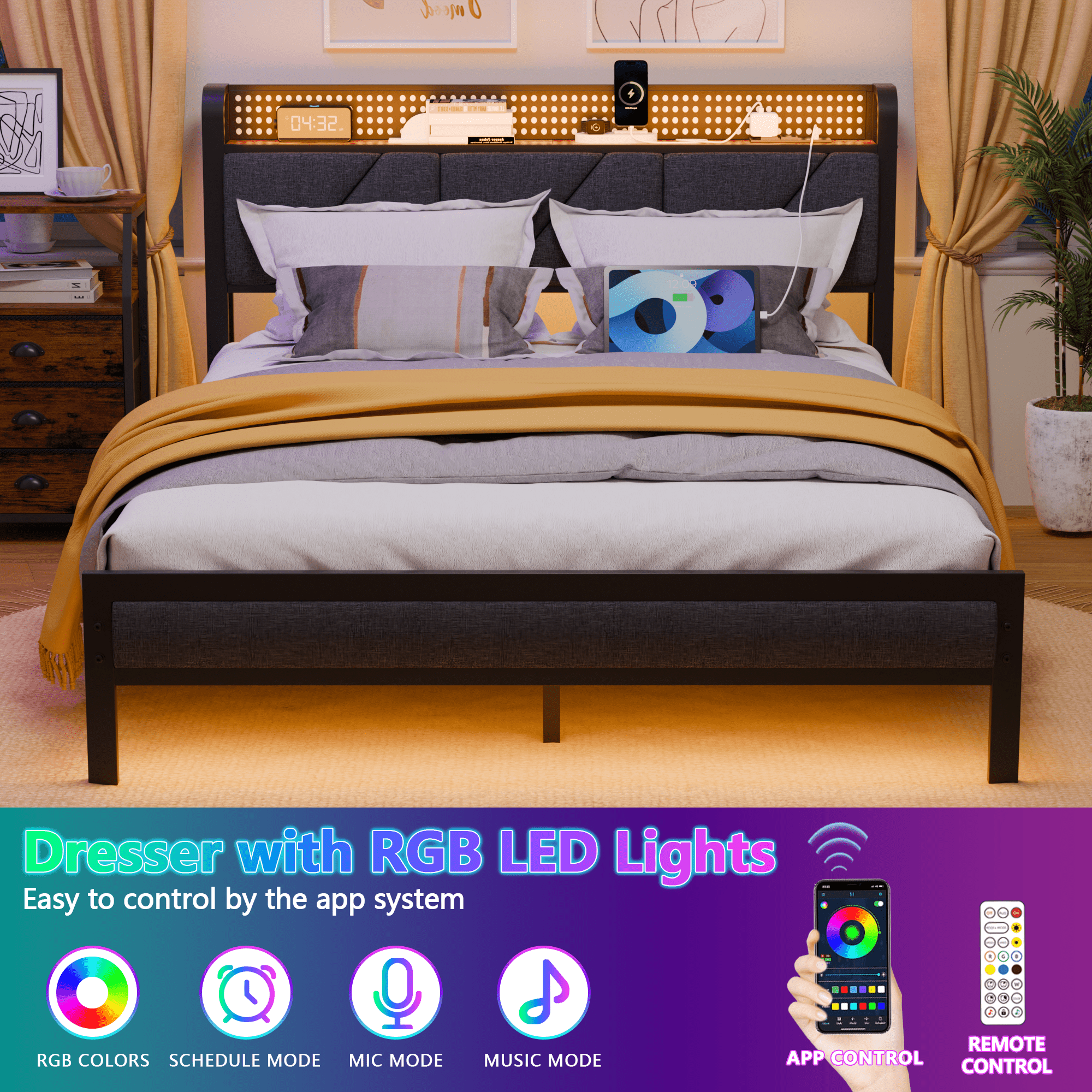 Tydimor Queen Size Metal Smart Bed Frames with Upholstered Headboard, LED Lights, USB Ports and Outlets & Underbed, Rustic Brown