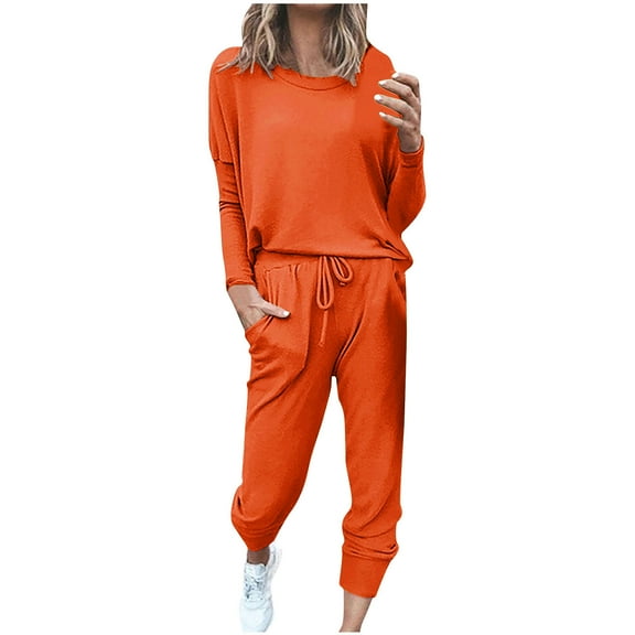 Scyoekwg Womens Sweatsuits 2 Piece Set Fall Outfits Long Sleeve Sweatshirt Drawstring Sweatpant Casual Matching Outfits Fashion Two Piece Set (Orange,XL)