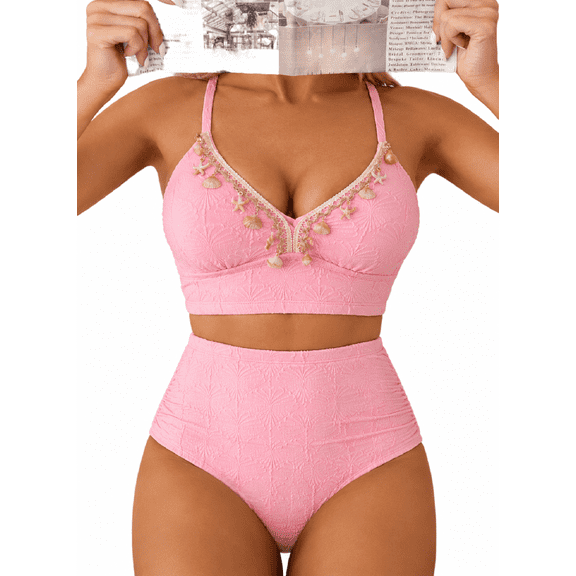 DOKOTOO Womens Swimsuits Seashell Textured Bikini Sets High Waisted Two Piece Bathing Suits with Stitching Ribbon Shell Decoration