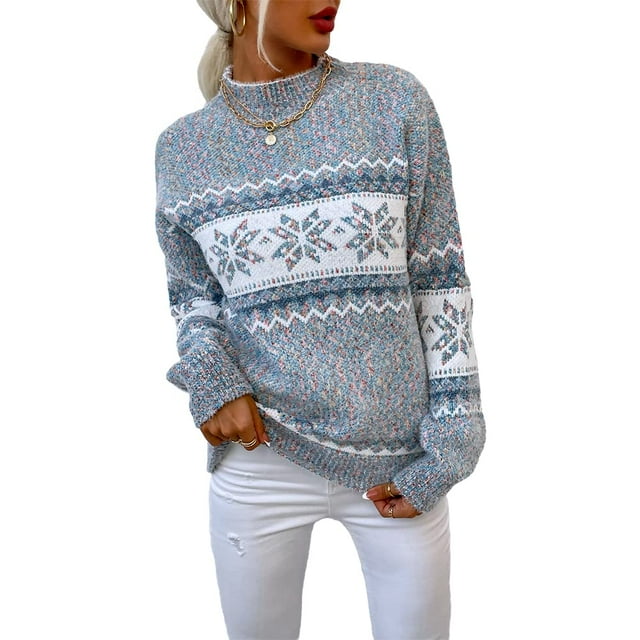Jersey JUNBOON para mujer con cuello redondo y manga larga con estampado de copos de nieve