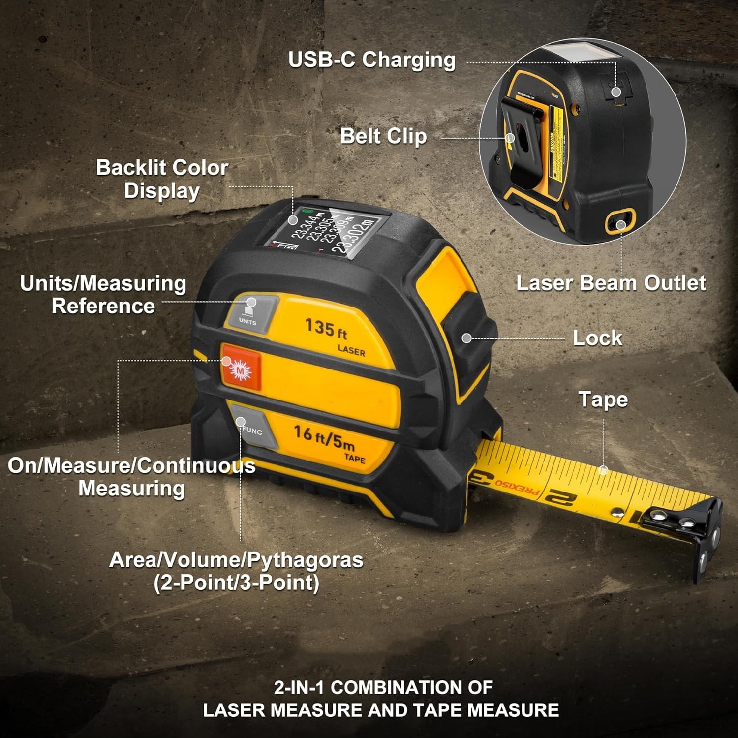2-in-1 Laser Tape Measure, 135Ft Rechargeable Measurement Tool & 16Ft Measuring Movable Magnetic Hook - , Area, Volume, Ft/Ft+in/in/M Unit NOT Digital