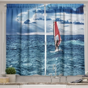 Ambesonne Ride the Wave Kitchen Curtains, Windsurfer on Sea, 55"x39", Night Blue