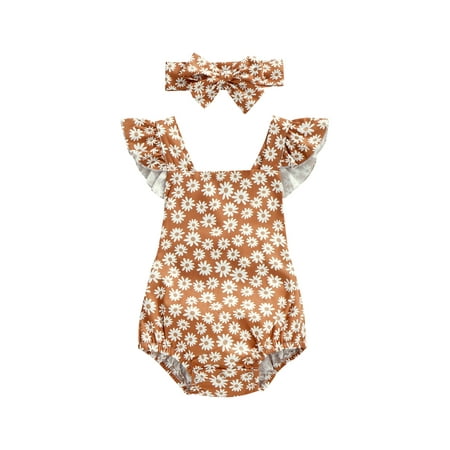

Calsunbaby Newborn Infant Girl Bodysuit with Headband Fly Sleeve Vintage Flower Pattern Square Neck Snap Crotch Loose Fit Romper