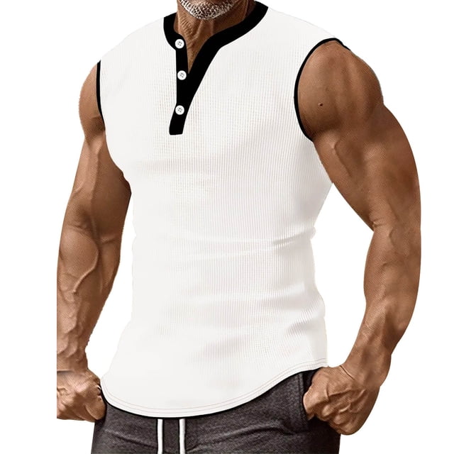 EOYWHK Waffle Knit Tank Tops for Men Soft Comfortable Raglan Shirts Compression Fit Summer Casual Crew Neck Button Up Top ,S-3XL