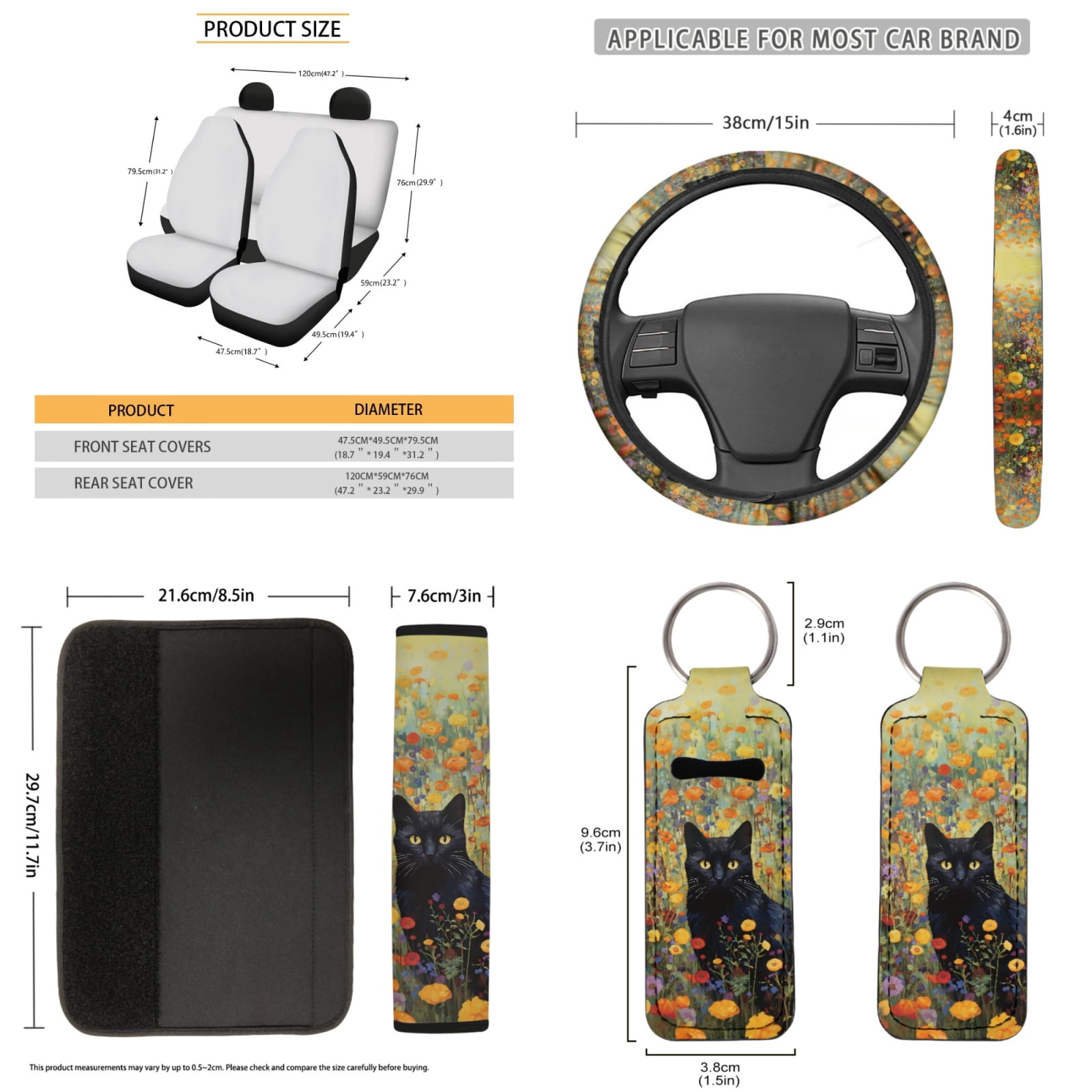 Jeiento Black Cat Car Accessories Sets 13 PCS Car Seat Protector Steering Wheel Cover Floral Seatbelt Shoulder Pad Auto Rear View Mirror Covers Coasters Keychain Lipstick Holder Interior Car Decor