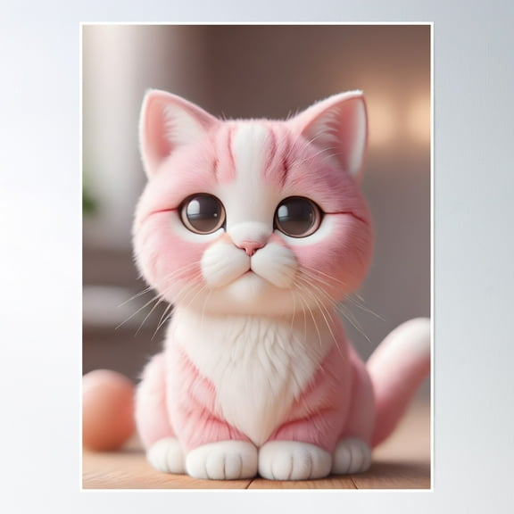 Cute Pink White Kitty Cat Portrait Poster Wall Art, Modern Wall Decor, 8x12 UNFRAMED