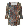 thumbnail image 7 of JTZGDY Summer Tunic Tops for Women Dressy Casual 2025 Fashion 3/4 Lenght Sleeve Floral Printed Ruched Pleated Crewneck Graphic T-Shirts Loose Fit Curvy Hem Blouse Brown#02 XXL, 7 of 7