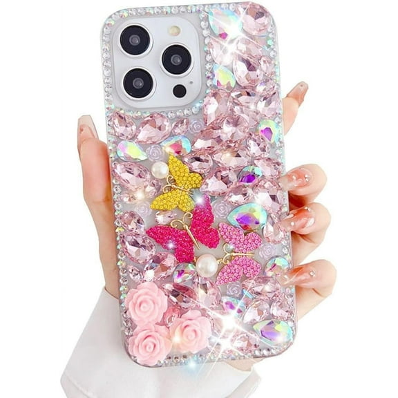 Compatible with iPhone 14 Pro Max Bling Case for Women Girls,Luxury Bling Diamond Rhinestone Gemstone 3D Butterfly and Rose Flower Gemstone Soft TPU Back Cover Case for iPhone 14 Pro Max