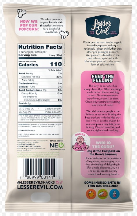 LesserEvil Organic Gluten-Free Popcorn, Himalayan Pink Salt, 0.88 oz