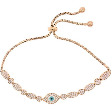 Pori Jewelers CZ 18kt Rose Gold-Plated Sterling Silver Evil Eye Friendship Bolo Adjustable Bracelet