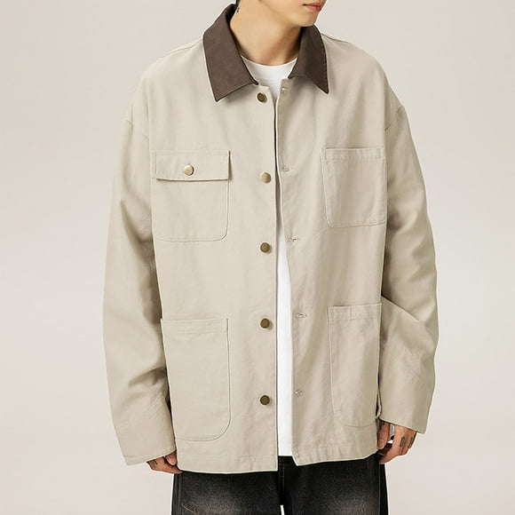 Styesk Jackets for Men Men's Vintage Motorcycle Solid Color Button Pocket Long Sleeved Casual Cargo Jacket
