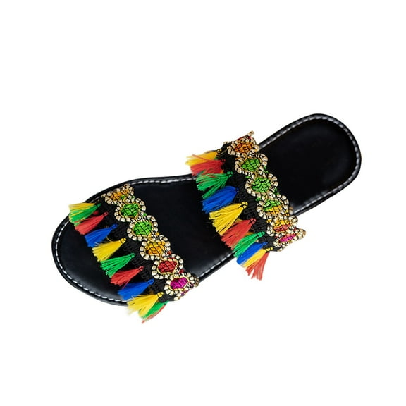 WRKEKC Sandals for Women Bohemian Style Flat Fringe Beach Slides Casual Summer Flip Flops for Women Outdoor Footwear
