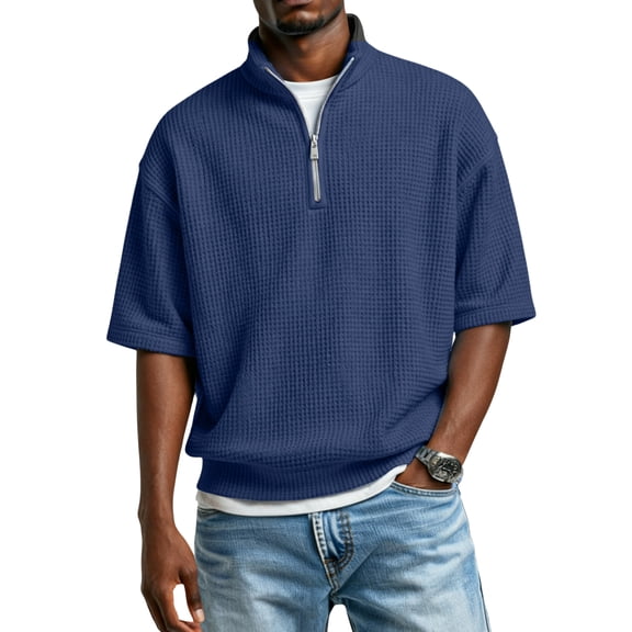Mens Quarter Zip Golf Polo Shirts Casual Short Sleeve Waffle Pullover Sweater Top 2026 Summer Light Outdoor Sport Shirt Dark Gray 3XL