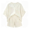 thumbnail image 5 of Girls Summer 2 Piece Outfits Striped V Neck 3/4 Sleeve Loose Fit Top and Elastic Waist Shorts Set Trendy Color Block Matching Sets Casual Resort Wear Beach Vacation Travel Outfits, 5 of 5