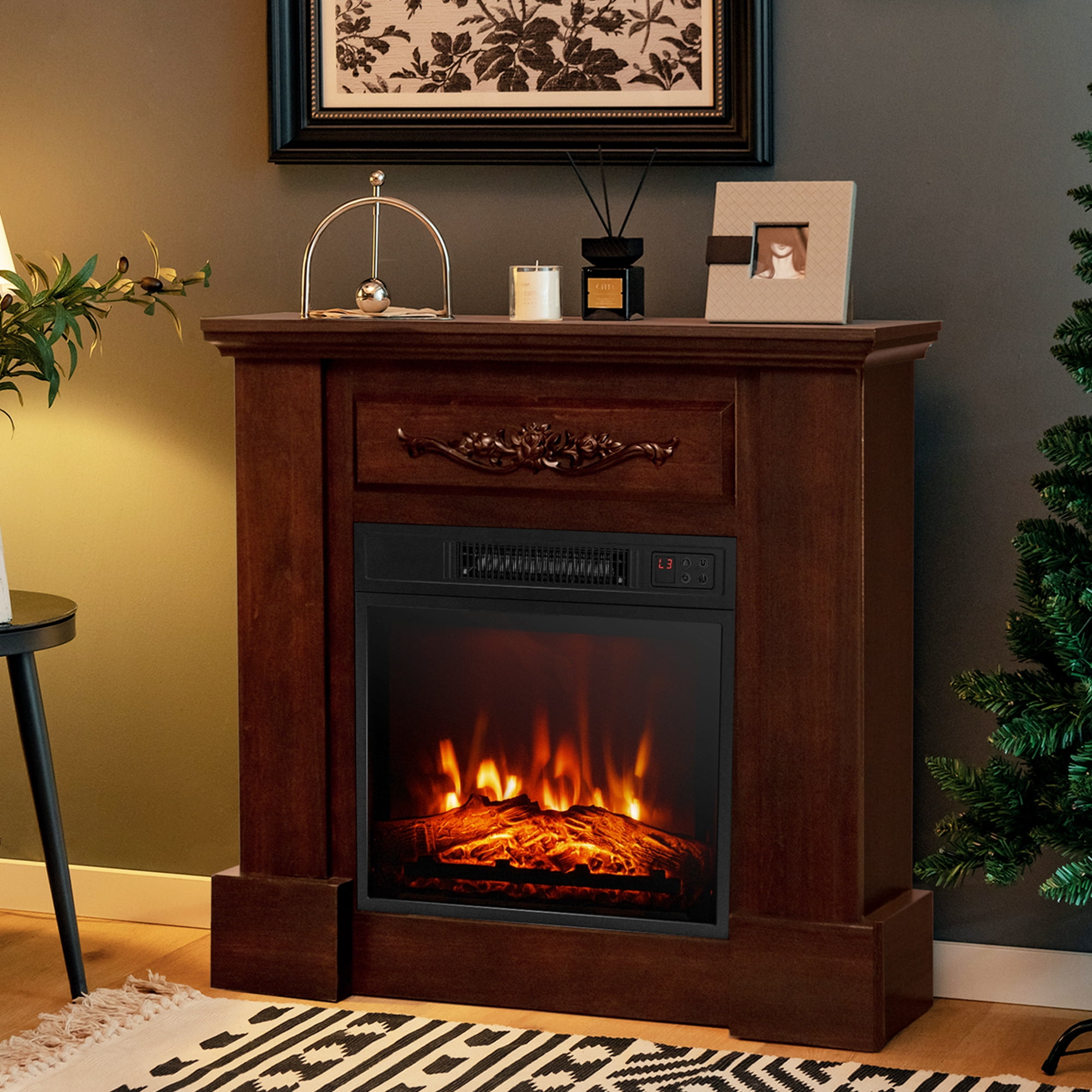 Costway 32" Electric Fireplace Mantel TV Stand Space Heater w/Remote Control 1400W Brown