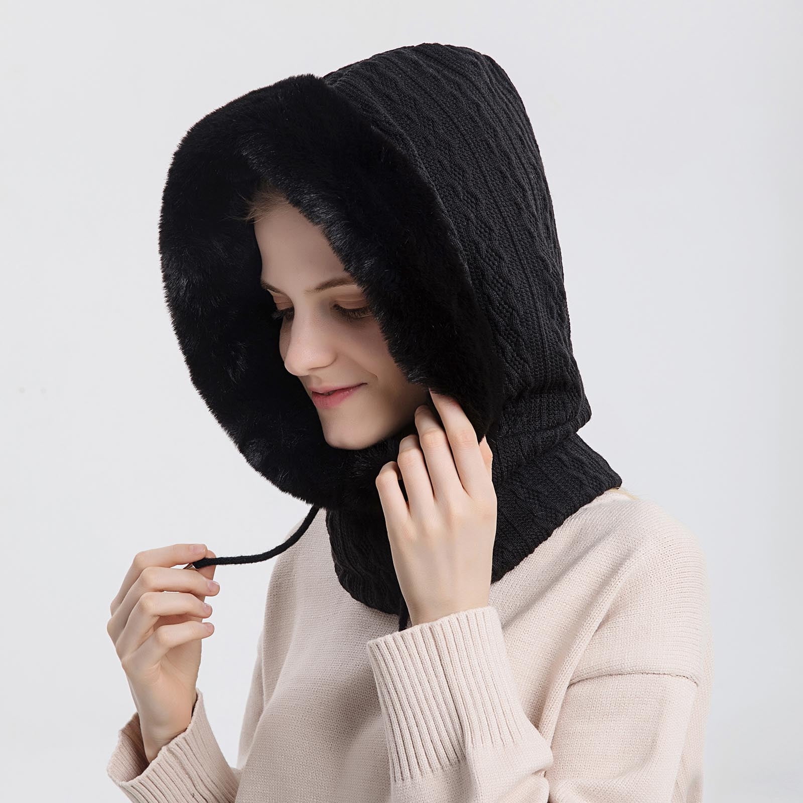 qolati Trapper Hat for Women Men with Mask Ear Flaps Knitted Windproof Winter Bomber Hats Cold Weather Warm Winter Faux Fur Hunting Balaclava Ski Hats
