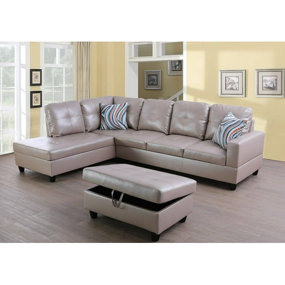 PonLiving Furniture Faux Leather 3 Piece Sectional Sofa Couch Set, L-Shaped Modern Sofa with Chaise Storage Ottoman and Pillows for Living Room Furniture