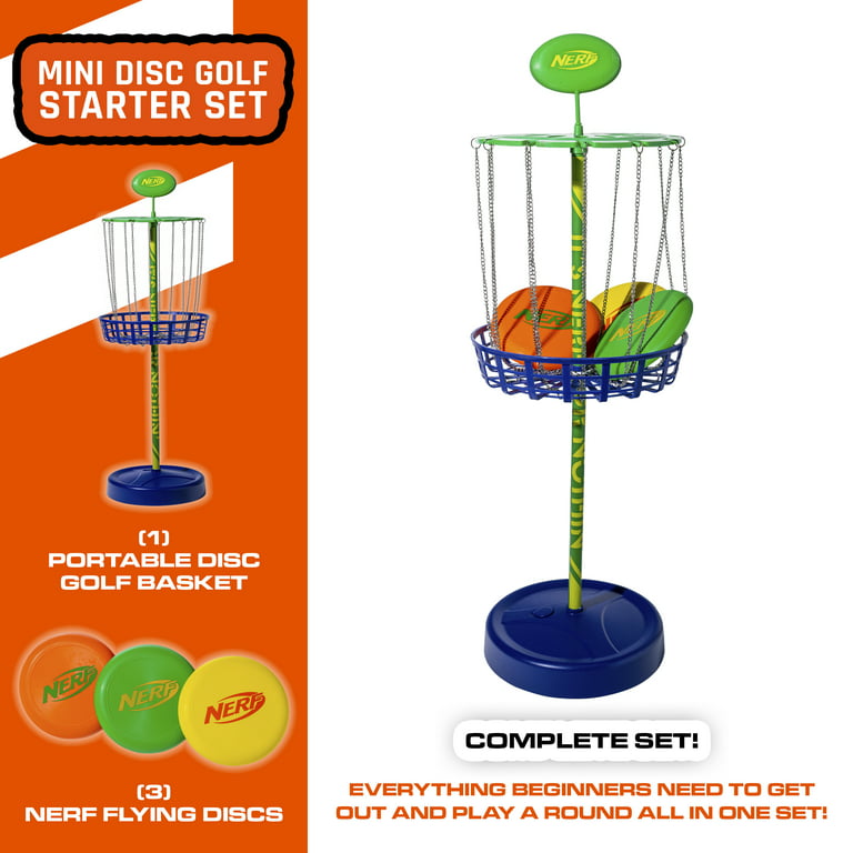 Nerf Disc Golf Starter Set - Mini Disc Golf Discs + Disc Golf Basket Set - Complete Portable Disc Golf Set with Discs for Backyard + Beach - 3 Discs