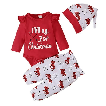 

Akiihool Outfits Baby Girl Long Sleeve Romper Bodysuit Tops Pants Hat Clothes Set (Red 3-6 Months)
