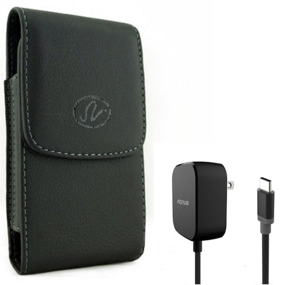 Holster Leather Case Belt Clip w 5ft Long 15W Fast Home Charger for Motorola One Zoom, Moto Z4 Z3 Play Z2 Play Z Force Droid, Revvlry Plus, G7 G Stylus Power (2020) - OnePlus 7T, 6T, 6, 9
