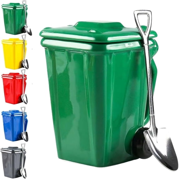 Trash Can Shaped Ceramic Coffee Mug with Lid & Spoon, Funny Recycling Bin Novelty Cup, Creative Desktop Drinkware & Organizer for Office Home