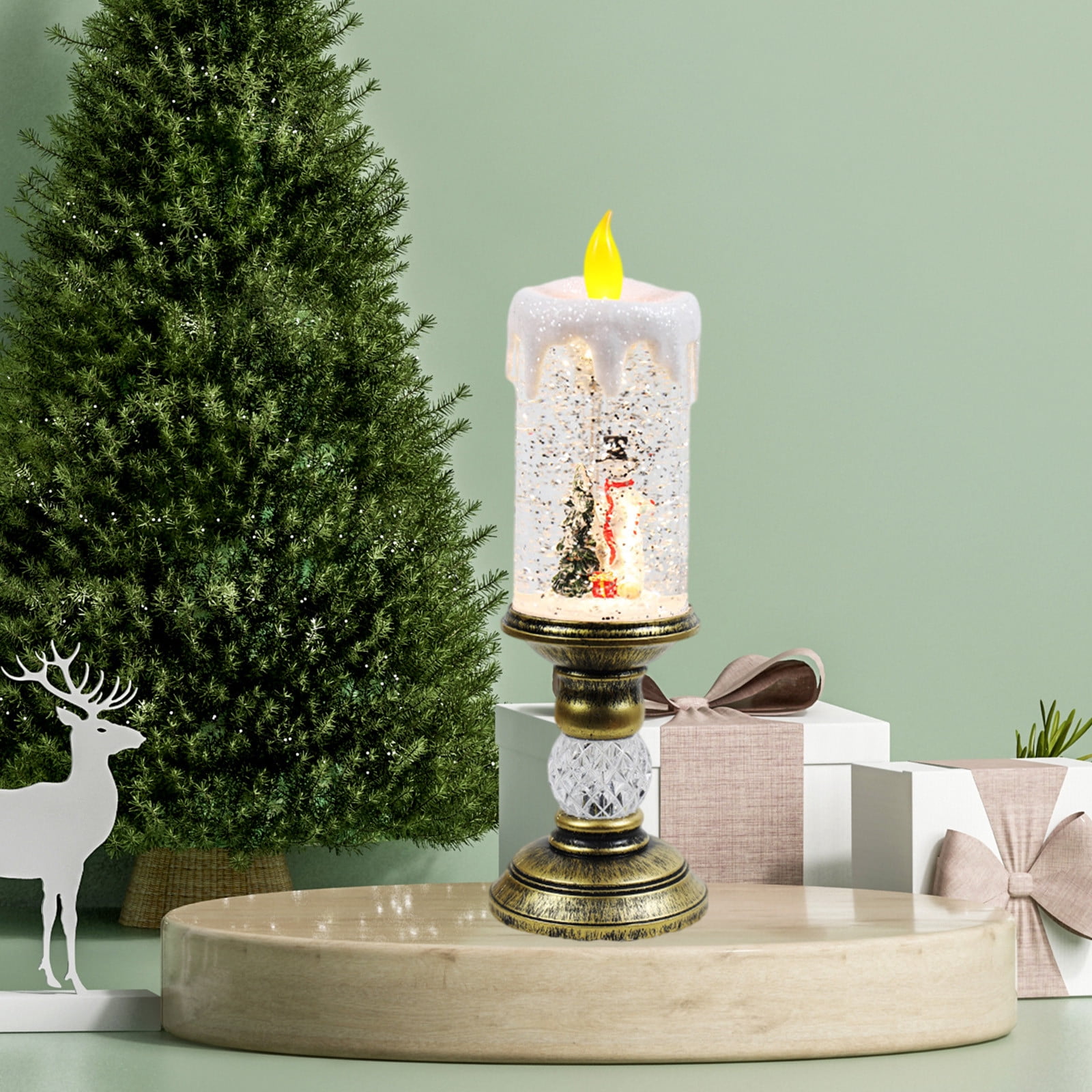 Dengmore Christmas Ornament Resin Luminous Santa Snowman Imitation Candle Light with Music Box LED Flameless Flickering Candle Lights Retro Night Light for Living Bedroom Xmas Decor