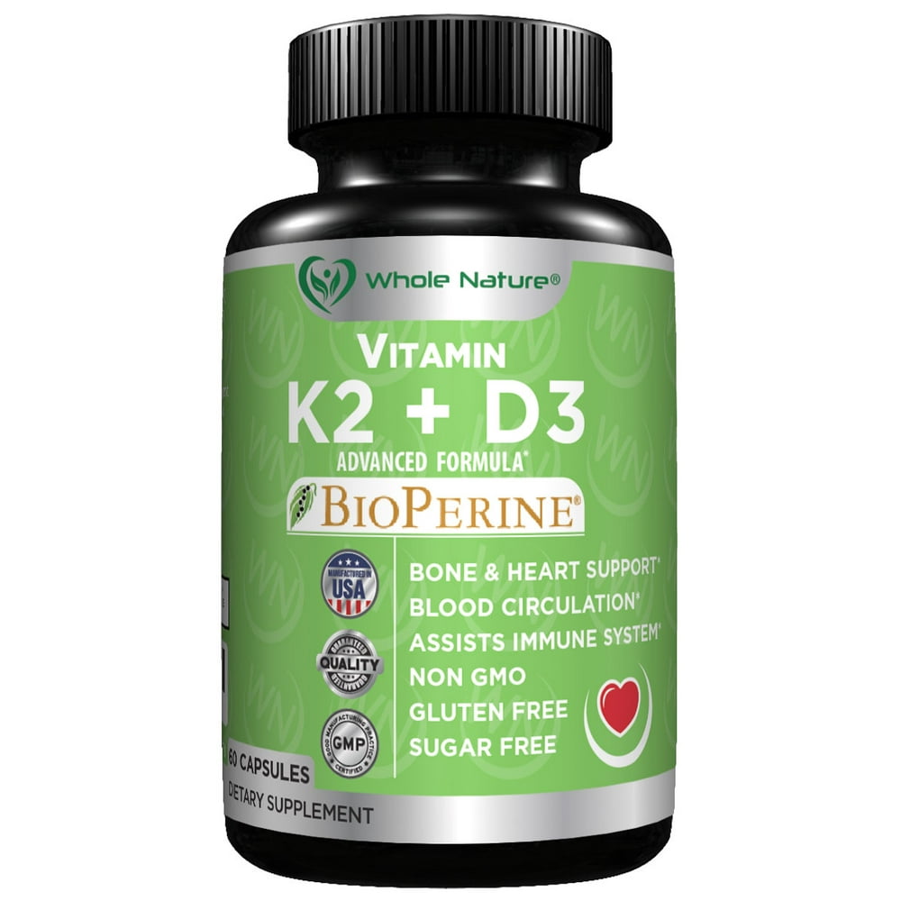 Whole Nature Vitamin K2 D3 (MK7) with Bioperine Plus Calcium 60