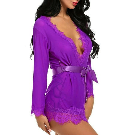 

yotyukeb Sleepwear For Womens Pajamas For Women Lingerie Underwear Doll Pajamas Midnight Mesh Robe With Thong + Belt