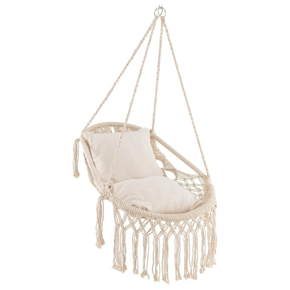 Hammock Chair with Cushions, Indoor Outdoor Macrame Hanging Chair, 330lbs Capacity, Porch Swing Chair for Bedroom, Patio, Backyard