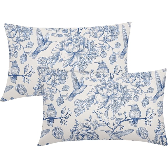 Chinoiserie Blue White Floral Lumbar Pillow Covers 12X20 Inch French Country Vintage Flowers Bird Pillow Cases Set of 2 Seasonal Cotton Linen Throw Pillows Farmhouse Home Decor for Sofa Couch