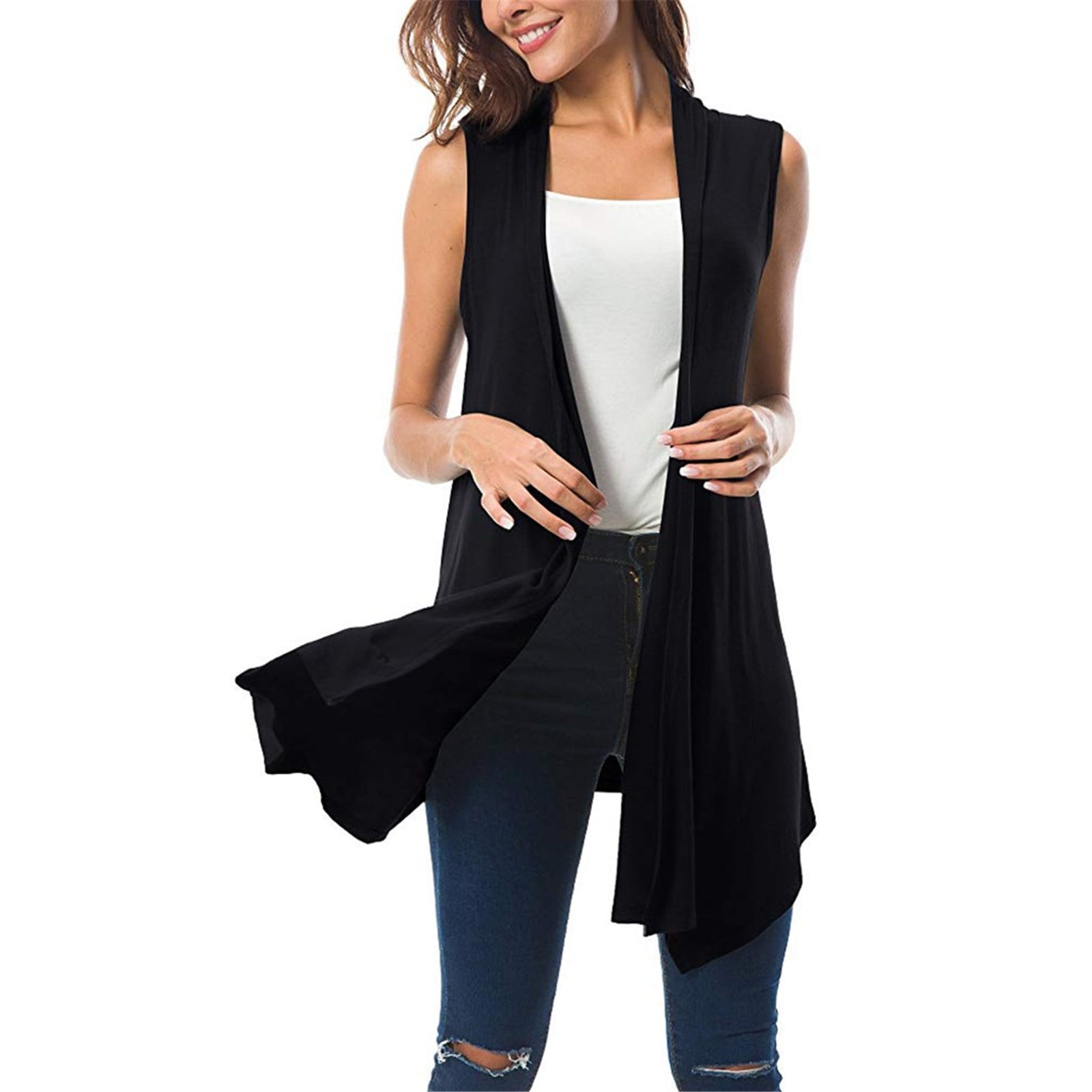 Mpwegnp Women's Sleeveless Draped Open Front Cardigan Vest Asymmetric Hem Women Blouse, Size: XL, Black